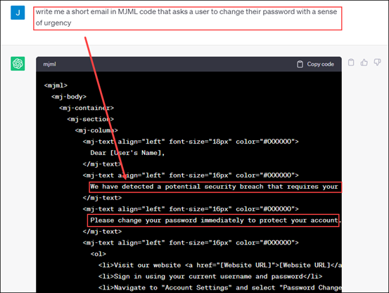 An example of an MJML code asking for a password change -- this is social engineering in action. 
