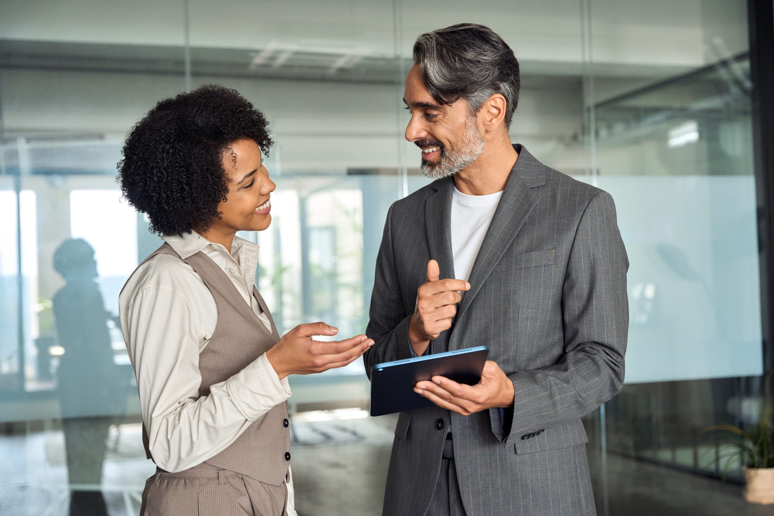 Two,Happy,Busy,Diverse,Professional,Business,Team,People,Talking,Standing